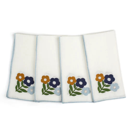Floral Embroidered Linen Napkins in Dark Blue (Set of 4) - Amber/Dark Blue/Light Blue / 1 Set